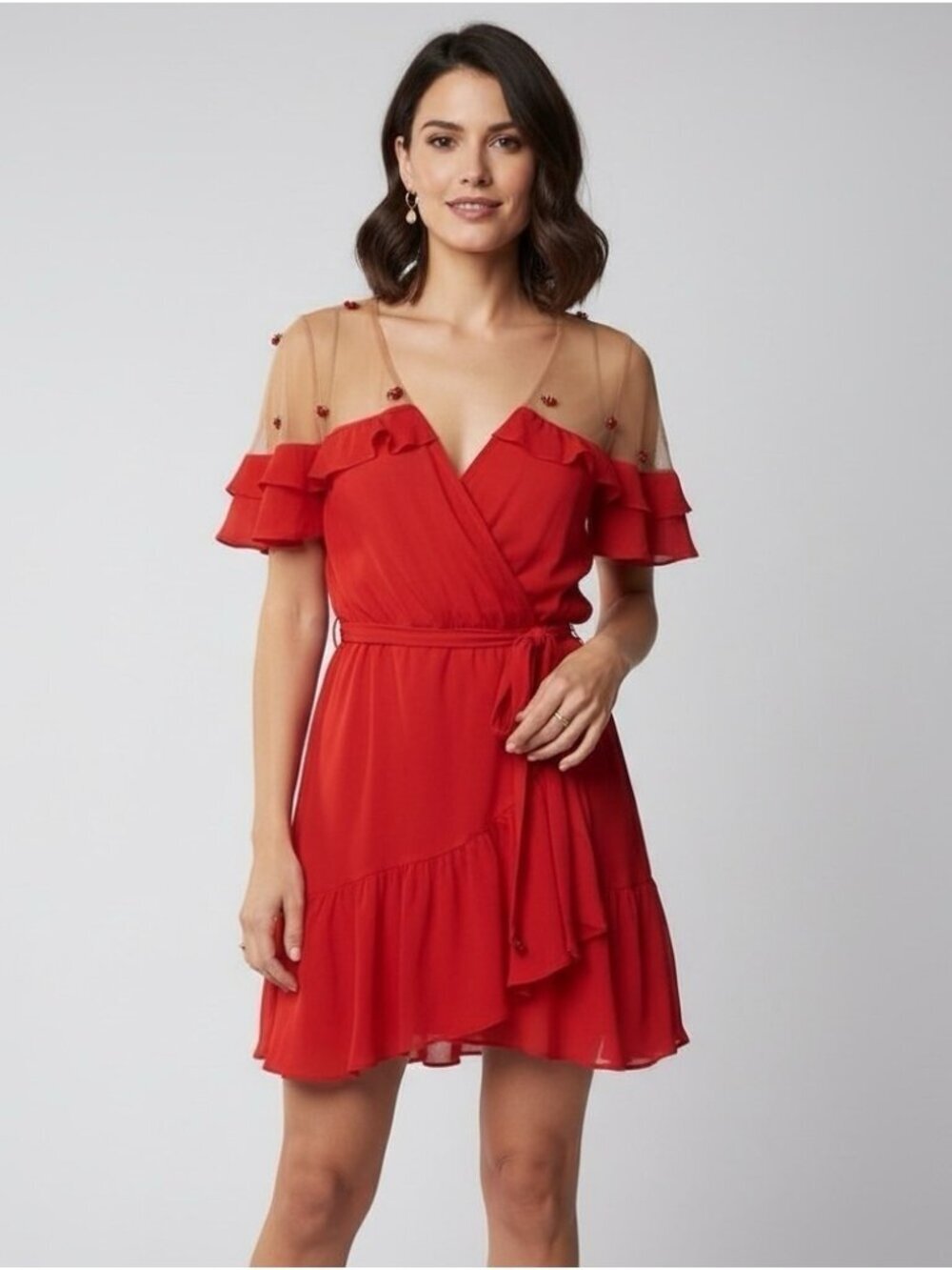 For Love & Lemons Red Mesh Shoulders Rosettes Wrap Mini Dress - XS/S, HTF style